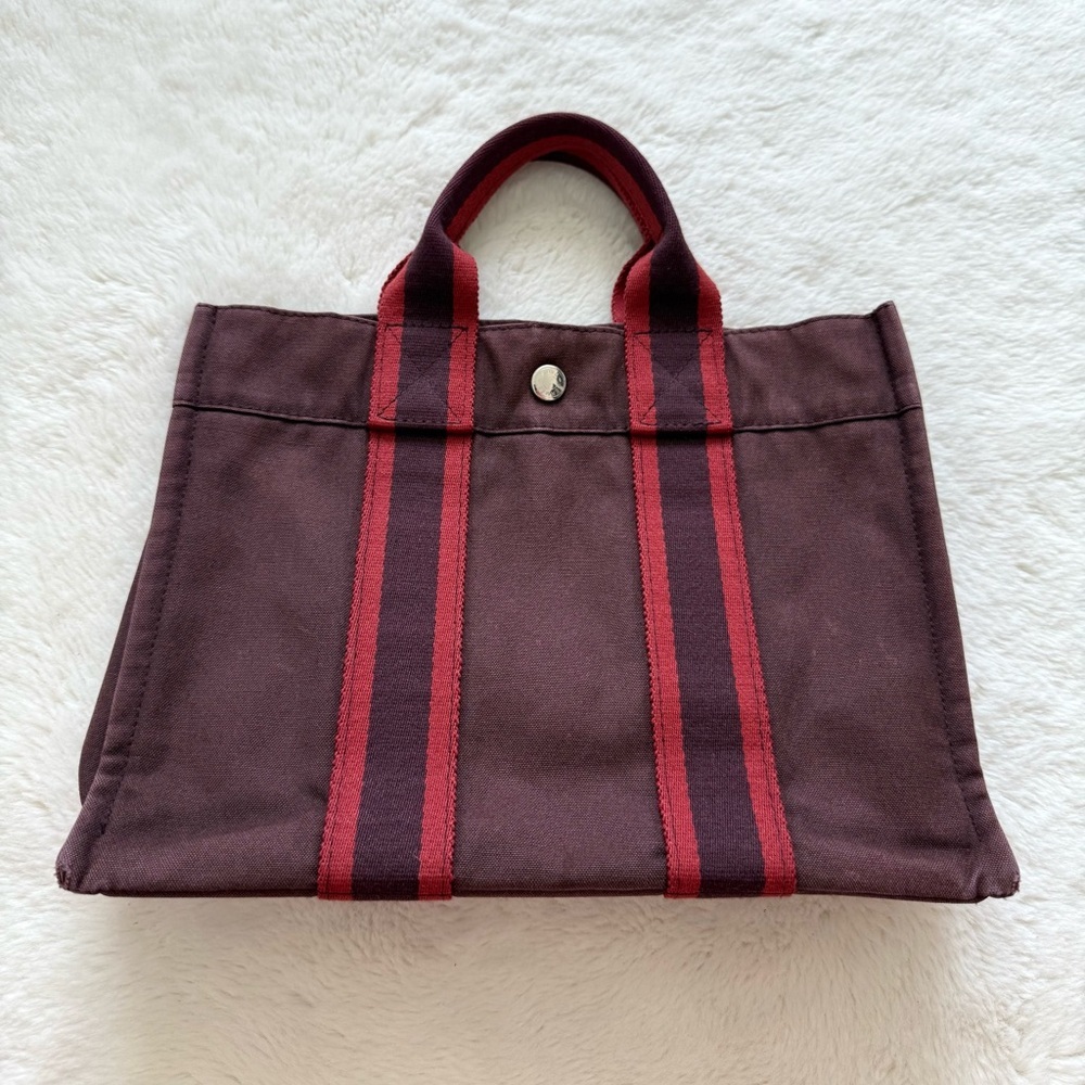 Hermès Fourre Tout Burgundy Canvas Tote Bag Authentic
